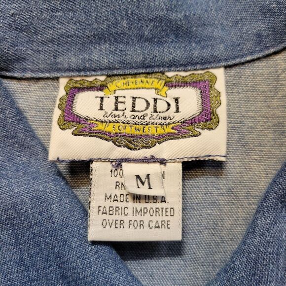 Teddi Vintage Blue Denim Chambray Jean Jacket White Floral Embroidery Western - Picture 7 of 15